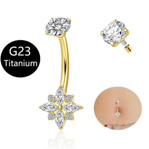 G23 Titanium Inlaid Zircon Marquise Navel Stud - Internally Threaded Belly Button Ring
