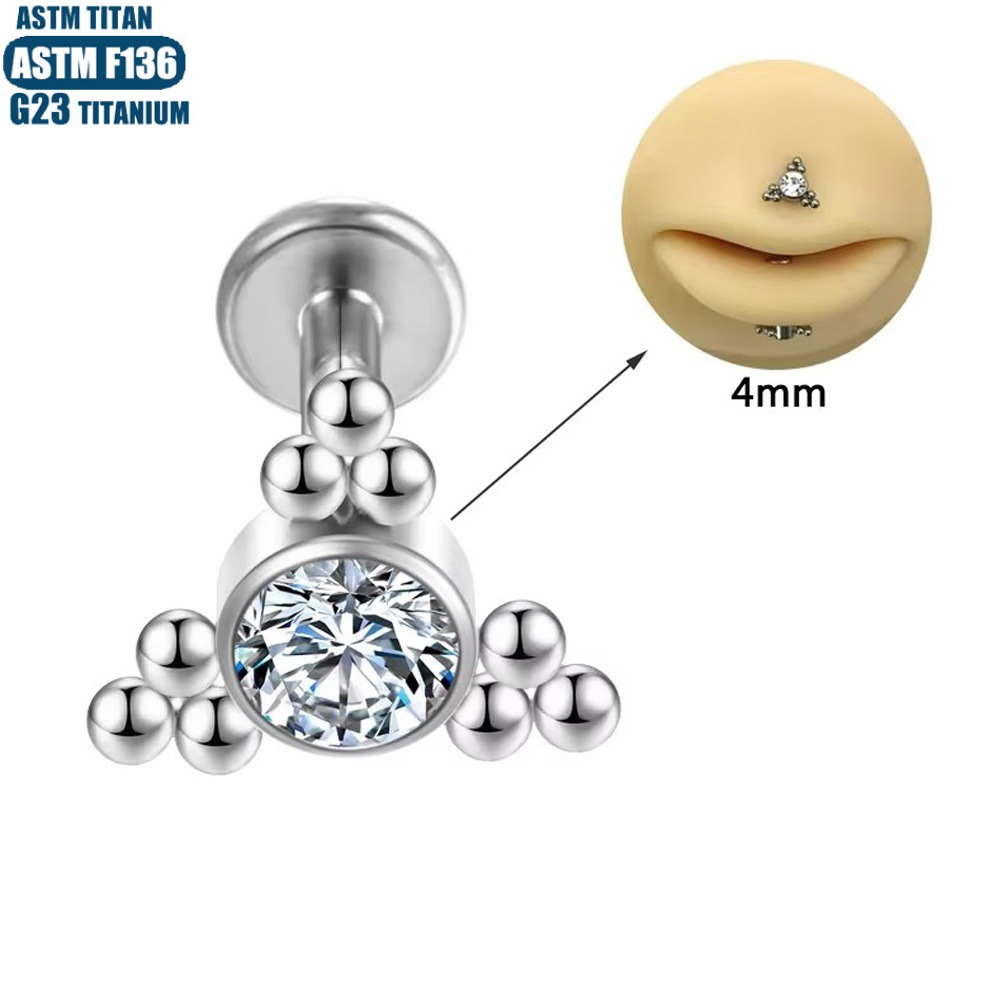 Silver Zircon Bead Cluster Thread Inner Teeth Lip Ring Earring - G23 Titanium Lip Piercing Jewelry - Image 4