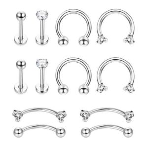12-Piece Body Piercing Jewelry Set – Stainless Steel Nose Rings, Eyebrow Rings, Lip Rings, Earrings – Geometric Style