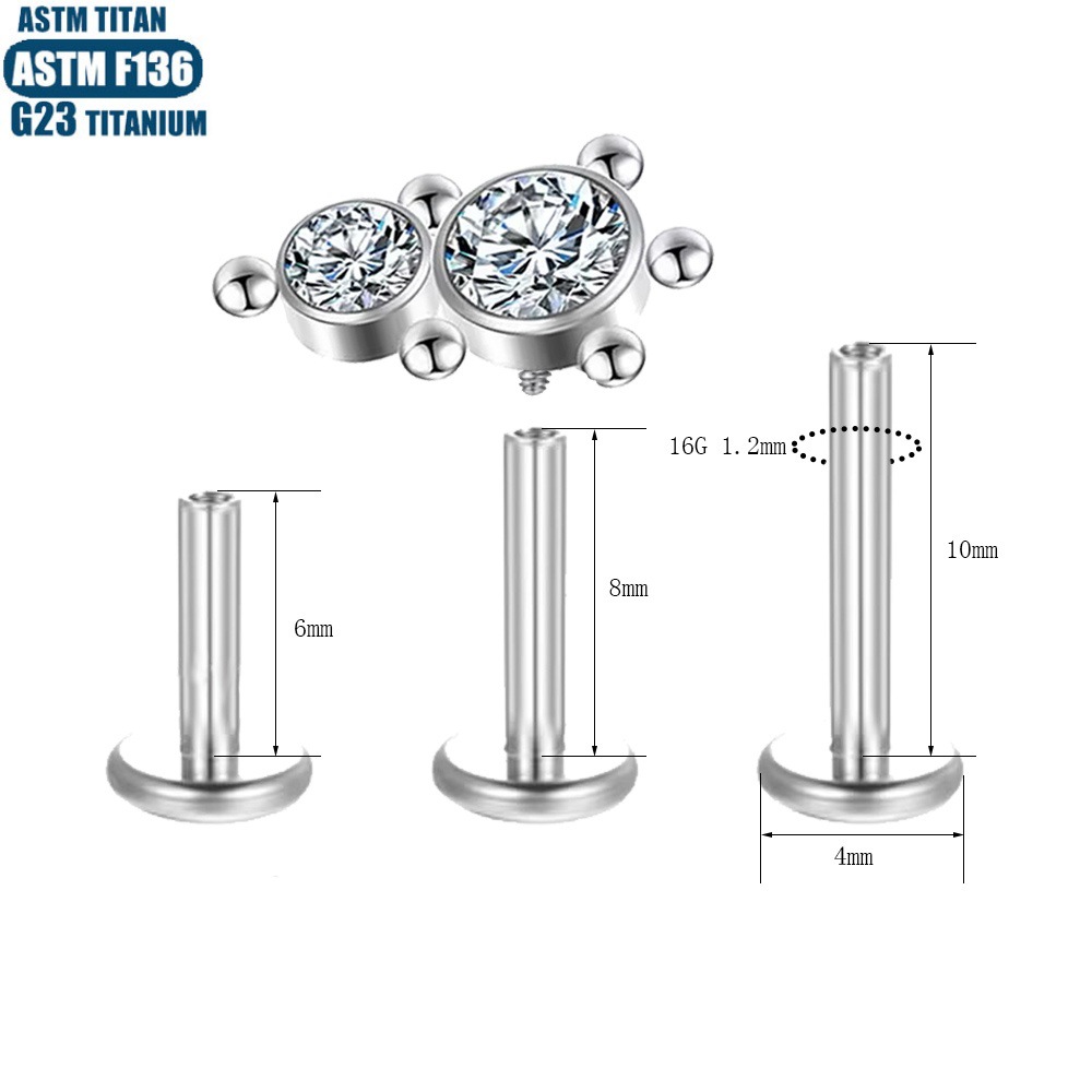 G23 Titanium Lip Ring 2 Zircon Welding Bead Internally Threaded Small Ear Nail Tragus Cartilage Piercing Ring - Image 2