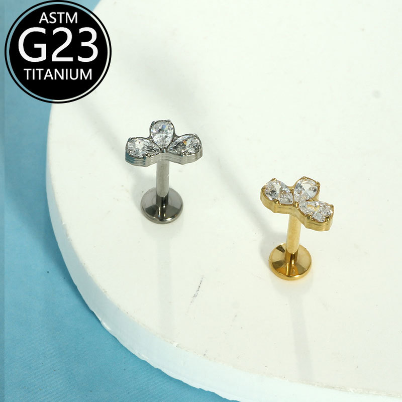 F136 Titanium Alloy Water Drop Zircon Three-Petal Flower Lip Nail G23 Titanium Internal Thread Lip Nail Tongue Nail Piercing Jewelry - Image 3