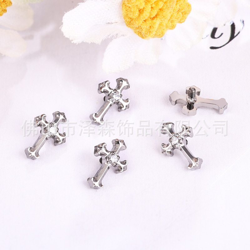 F136 Titanium Alloy Cross-Shaped Ear Studs, G23 Titanium Zirconia Lip Studs, Tongue Studs, Piercing Jewelry - Image 3