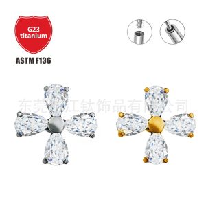G23 Titanium Cross Ear Cartilage Stud Inlaid with Zircon, Threaded Body Piercing Jewelry for Helix Tragus Conch