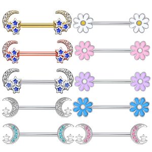 Blue Chrysanthemum Star Moon Nipple Ring Stainless Steel Symmetrical Piercing Jewelry for Women