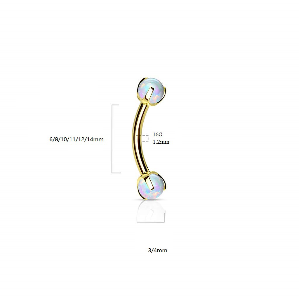 G23 Titanium Opal Eyebrow Curve Barbell - Internally Threaded 1.2mm x 14mm 4mm Ball - Image 2