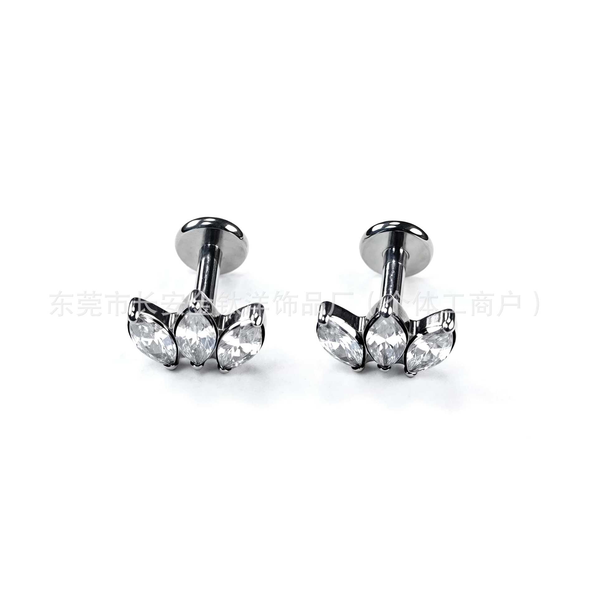 F136 Titanium Internal Thread Three-Leaf Marquise Zircon Lip Stud Earring G23 Titanium Alloy Piercing Jewelry Ear Bone Stud - Image 2