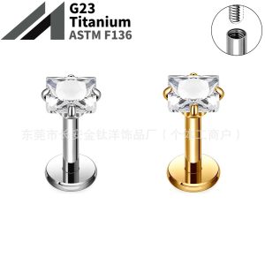 F136 Titanium Four-Claw Inlaid 5A Square Zircon Nose Nail Earrings Ear Bone Nail G23 Titanium Alloy Body Piercing Jewelry