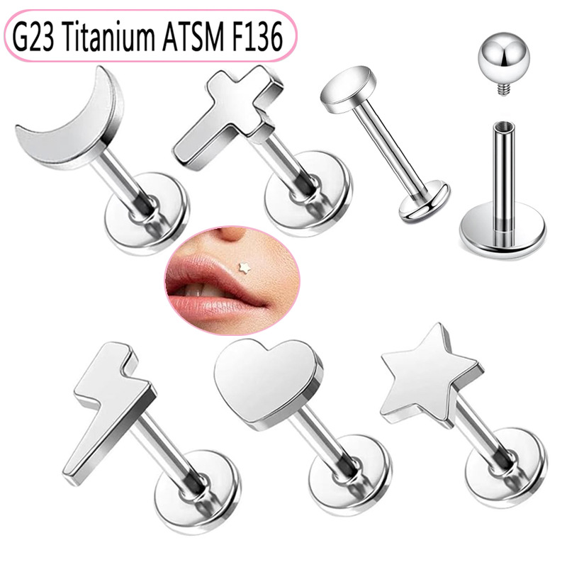 G23 Titanium Cross Heart Lightning Moon Star Inner Thread Lip Barbell/Ear Stud Piercing Jewelry - Image 5