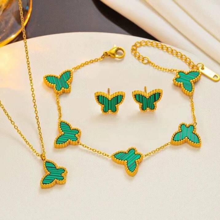 Butterfly Double-Sided Lucky Flower Bracelet Necklace Earrings Set 18K Gold Plated Stainless Steel - Image 4