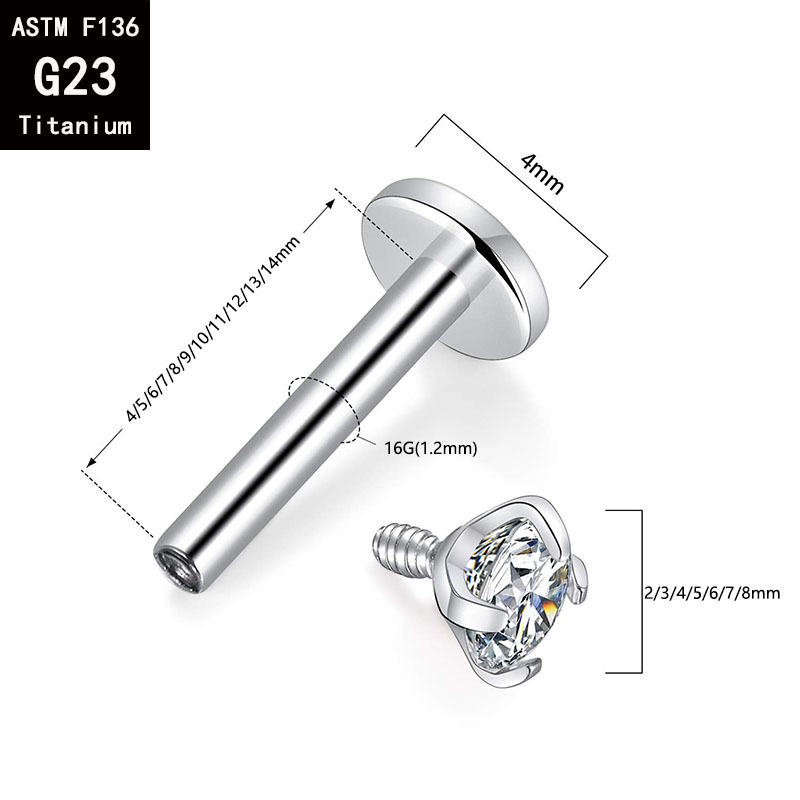 G23 Titanium Four-Claw Inlaid Zircon Inner Tooth Lip Nail Internal Thread Ear Stud, 1.2mm x 14mm, 8mm Top - Image 2