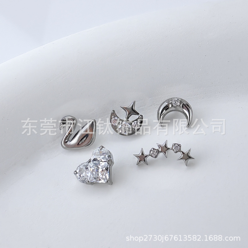 G23 Titanium Alloy Body Piercing Earrings - Star Moon Heart Design with Swan Motif - Gold CZ Ear Stud - Image 4