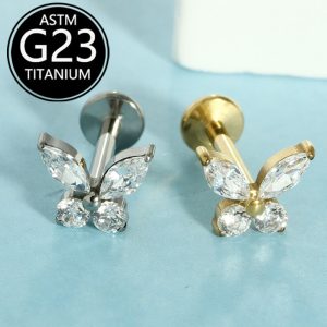 G23 Titanium Butterfly Earrings with Zircon Studs, 6-10mm Lip Piercing Studs, Light Luxury High-End