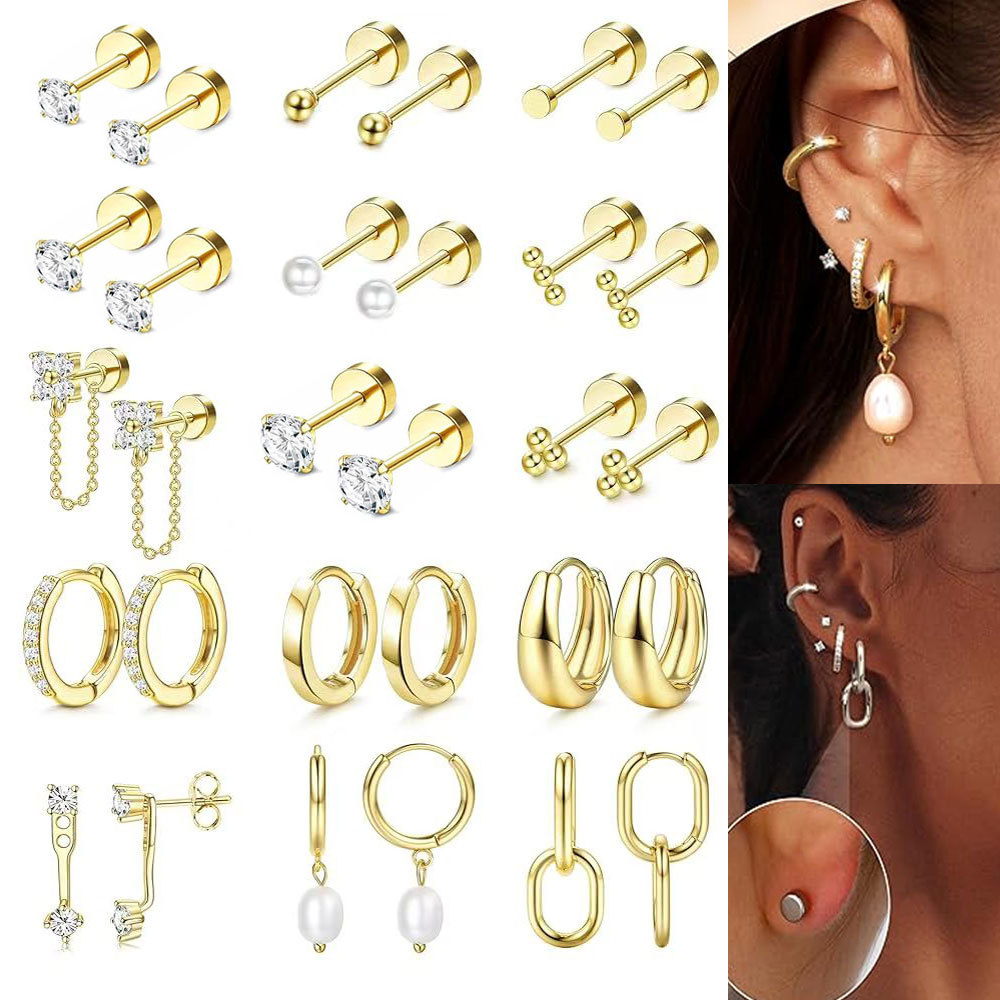 30-Piece Set Stainless Steel Zircon-Encrusted Earrings and Hoops Piercing Jewelry Wholesale - Image 5