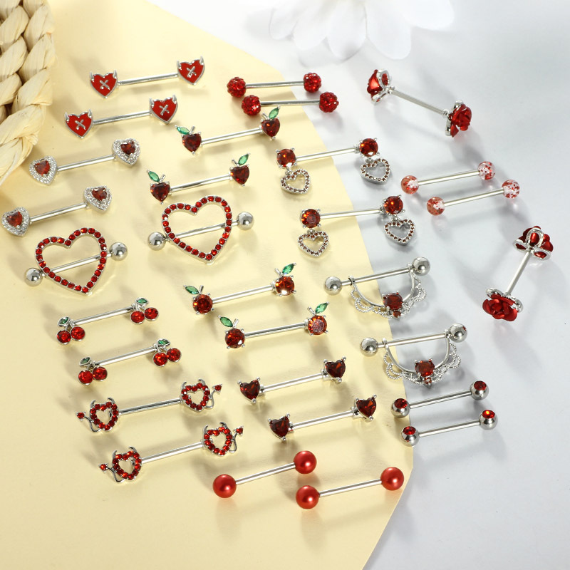 2 Pieces Stainless Steel Red Zircon Nipple Rings Creative Heart Flower Diamond-Studded Nipple Piercing Jewelry - Image 4