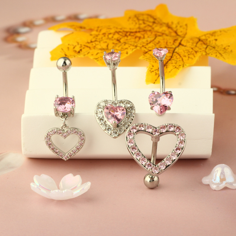 Peach Heart Zircon Belly Button Ring - 316L Surgical Steel Love Belly Ring for Women Men Hip Hop Style - Image 4