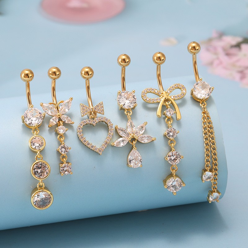 Hot-Selling 6-Piece Bowknot Heart CZ Stainless Steel Belly Button Ring Set - Image 4