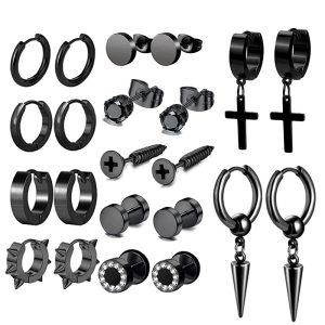 Men's Stainless Steel Earrings Cross Black Round Barbell 11 Pairs Fashion Ear Piercing Set