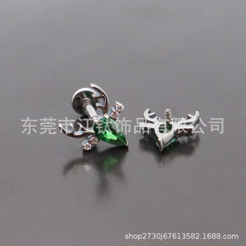 G23 Titanium Christmas Antler Stud Earrings Inlaid 5A Zircon Lip Nail Body Piercing Jewelry - Image 4