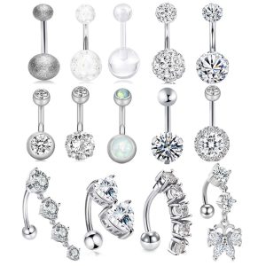 Classic 14-Piece Belly Button Ring Set - Stainless Steel Navel Jewelry with CZ Diamond Rhinestone