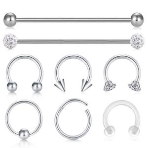 8-Piece Body Piercing Jewelry Set Nose Ring Eyebrow Lip Labret Long Bar Industrial Earrings Stainless Steel