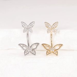 Gold Double Butterfly Navel Ring with Full CZ Stones, Sweet & Spicy Style, Wholesale Belly Ring