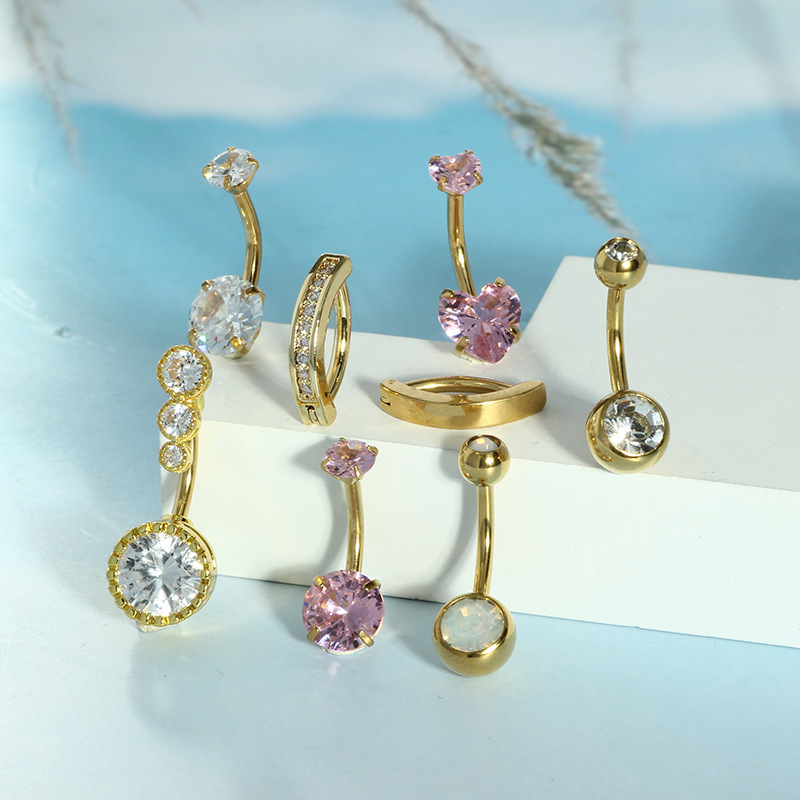 8Pcs Stainless Steel Navel Ring Set Heart Peach Crystal Belly Button Piercing Jewelry - Image 2