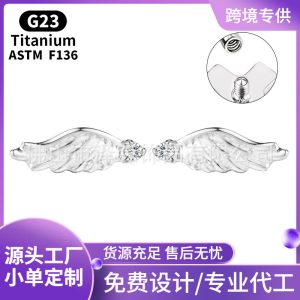 F136 Titanium Alloy Earrings with Diamonds Angel Wings Flat Back Studs