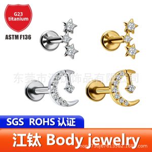 G23 Titanium Alloy Star Moon Zircon Ear Bone Stud Earring - Gold + F17 Color