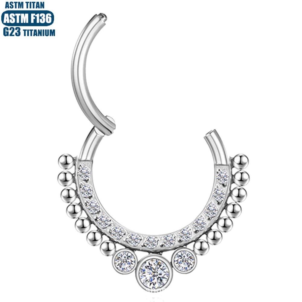 Titanium CZ Cluster Hinge Seamless Ring Nose Septum Earring 1.2x12mm Silver - Image 3