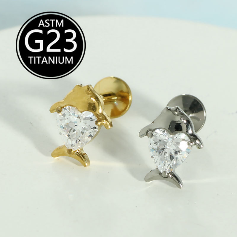 F136 Heart-Shaped Fish Lip Piercing with Zircon Inlay, Dolphin G23 Titanium Body Piercing, Ear Cartilage Stud, Sold Individually - Image 5