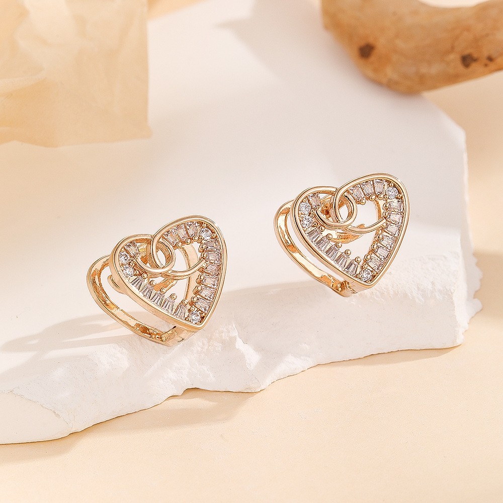 Hollow Heart CZ Stud Earrings for Women - Trendy Gold Plated Copper Ear Jewelry - Image 2