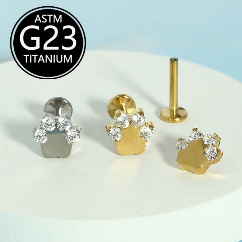 G23 Titanium Alloy Bear Paw Internal Thread Zircon-Inlaid Lip Stud and Ear Stud Body Piercing Jewelry - Image 4