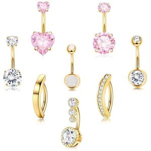 8Pcs Stainless Steel Navel Ring Set Heart Peach Crystal Belly Button Piercing Jewelry