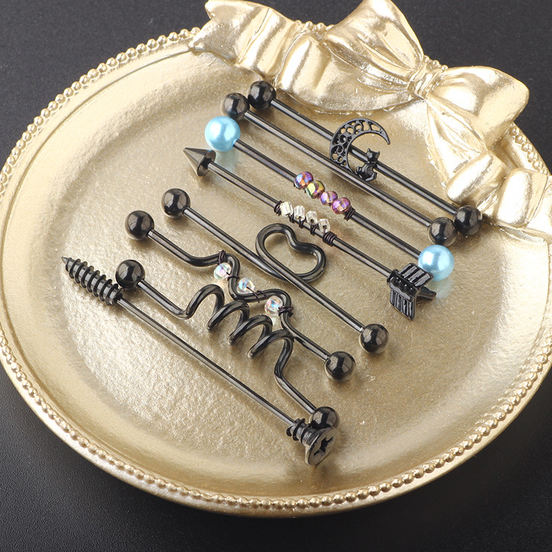 Black Suit Industrial Barbell Earrings Double Ear Piercing Bridge Ear Studs Ear Bone Ring Barbell Set - 316L Surgical Steel - Image 3