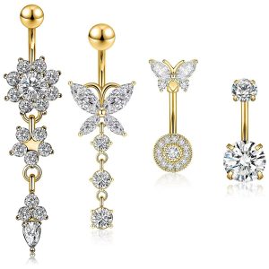 Classic Stainless Steel Belly Button Ring Set 4 Pieces Body Piercing Jewelry Butterfly Design