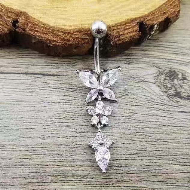 Butterfly Flower Water Drop Zircon Pendant Navel Ring Belly Button Ring Gold Copper Body Piercing Jewelry - Image 4