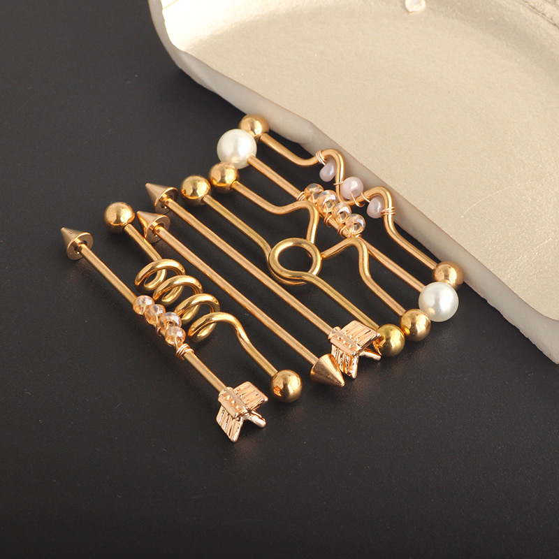 Nine Treasure Gold Industrial Barbell Earrings Set - Stainless Steel Double Ear Holes Bridge Ear Stud for Cartilage Piercing - Image 5