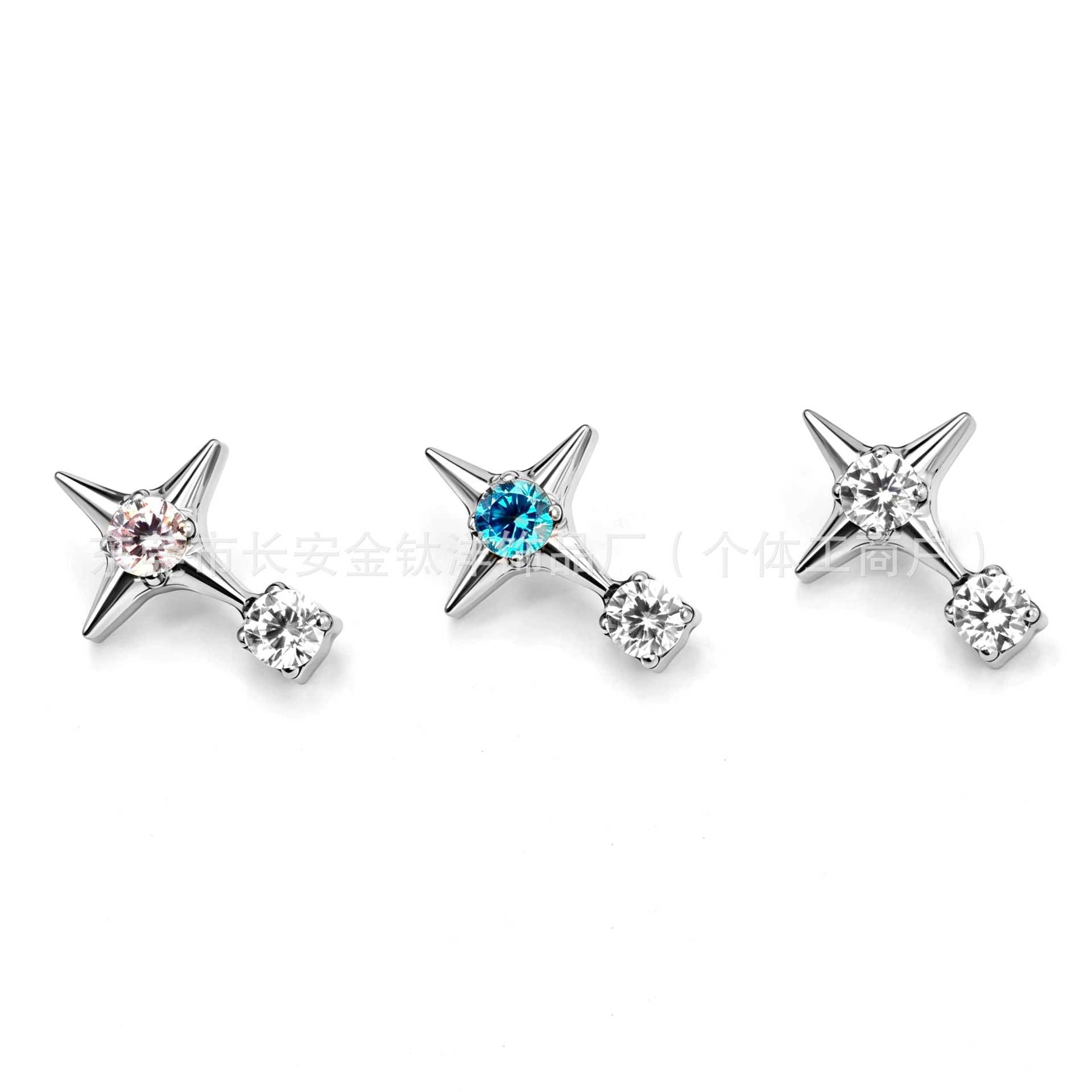F136 Titanium Four-Pointed Star Round Zircon Lip Piercing, Nose Piercing, Ear Piercing, Ear Bone Piercing - G23 Titanium Alloy Body Jewelry - Image 2