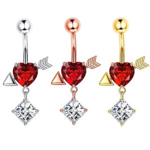 Rose Gold Heart Zircon Navel Ring Belly Button Piercing Jewelry Stainless Steel Dangle