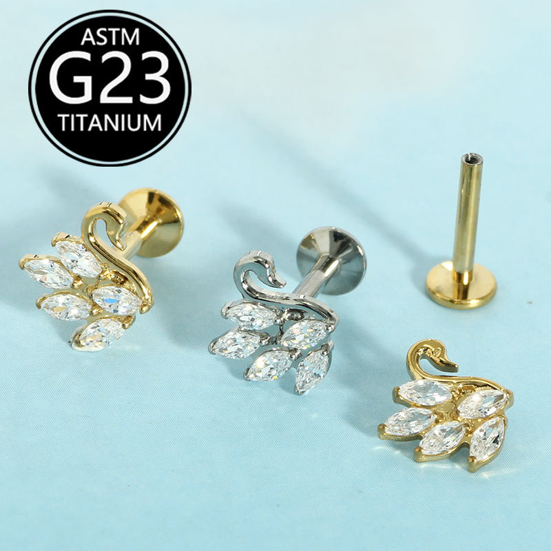 G23 Titanium Swan Internal Thread Lip Piercing with Zircon - Ear Bone & Canal Jewelry Wholesale - Image 4