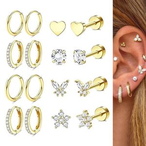 16-Piece Stainless Steel Zircon Ear Bone Nails Set - Simple Geometric Flower Earrings for Men and Women