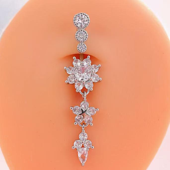 CZ Flower Belly Button Ring 316L Surgical Steel Dangle Belly Ring for Women Body Piercing Jewelry - Image 2