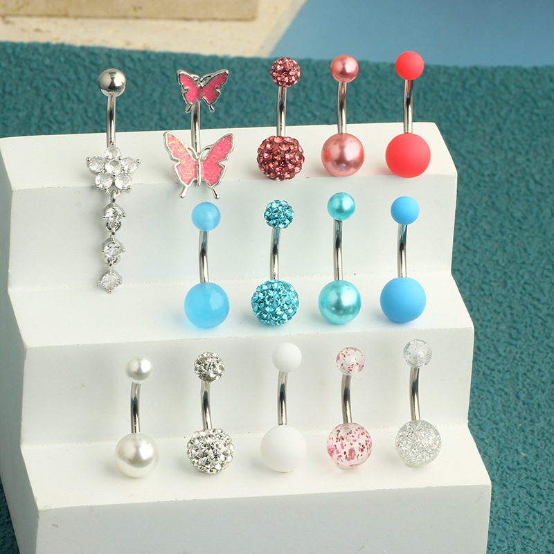 14-Piece Butterfly Navel Ring Set Stainless Steel Belly Button Piercing Jewelry Heart Design - Image 2