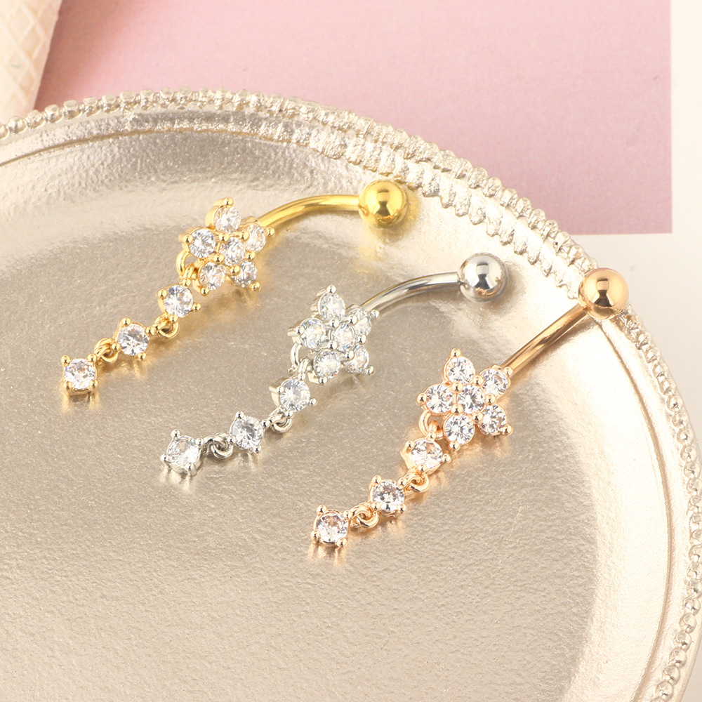 Rose Gold Belly Button Ring Zircon Flower Cartoon Style Body Piercing Jewelry - Image 2