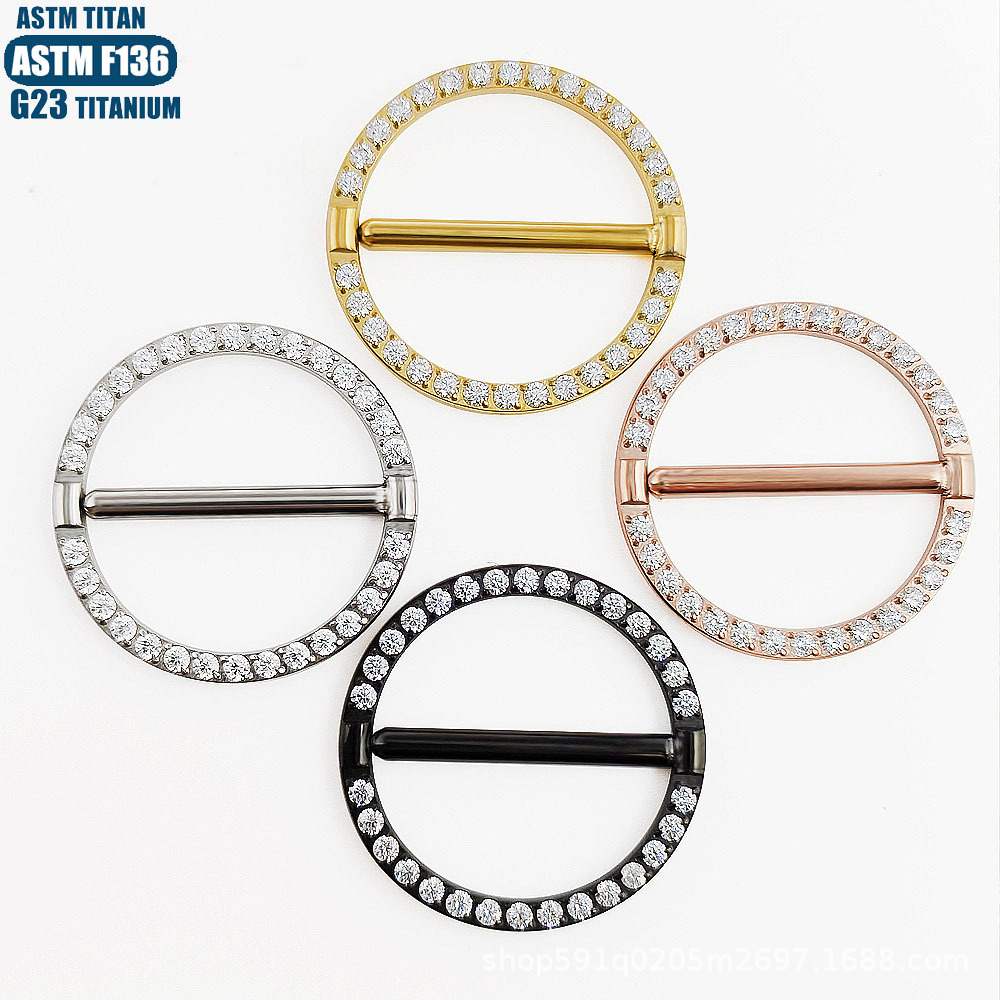 F136 Titanium Alloy Round Nipple Ring with Zircon, Rose Gold, 1.6*14mm, Body Piercing Jewelry for Nipple - Image 2