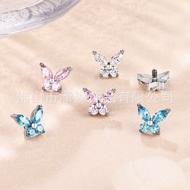 F136 Titanium Alloy Butterfly Lip Earrings with Zircon - Internal Thread Body Piercing Jewelry Lip Stud Ear Bone Nails - Image 2