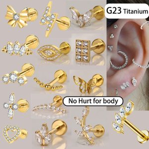 F136 Titanium Lip Stud with Lightning Flower Design and Zircon Inlay