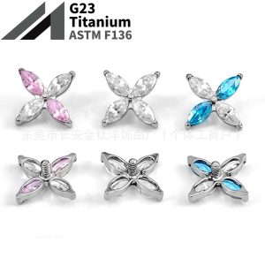 F136 Titanium Four-Leaf Flower Marquise Zircon Lip Nose Ear Piercing Jewelry G23 Titanium Alloy Body Jewelry