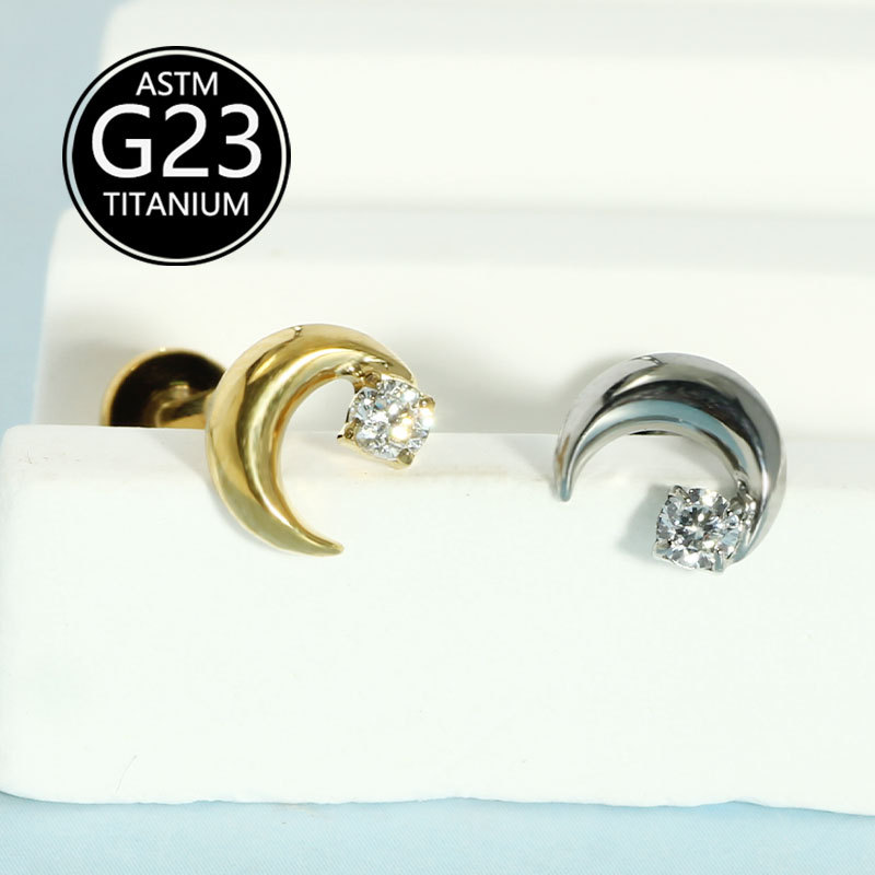 F136 Titanium Inlaid Single Zircon Moon Lip Labret Stud Internally Threaded Ear Bone Nail G23 Titanium Alloy - Image 2