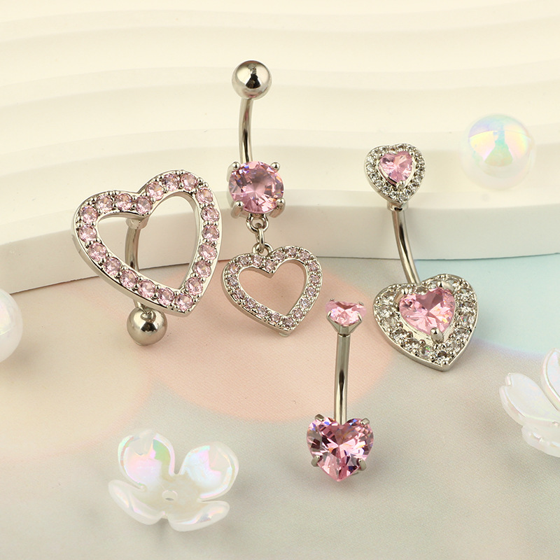 Love Bow Pink Diamond Belly Button Ring Stainless Steel Navel Piercing Jewelry - Image 4